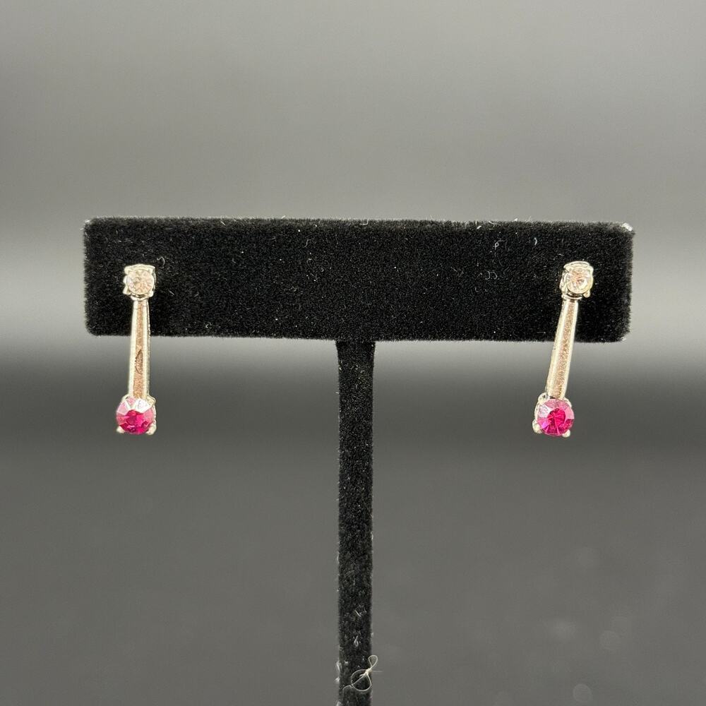 Delicate Silver Tone Round Pink Ruby & White Sapphire Vintage Drop Bar Earrings